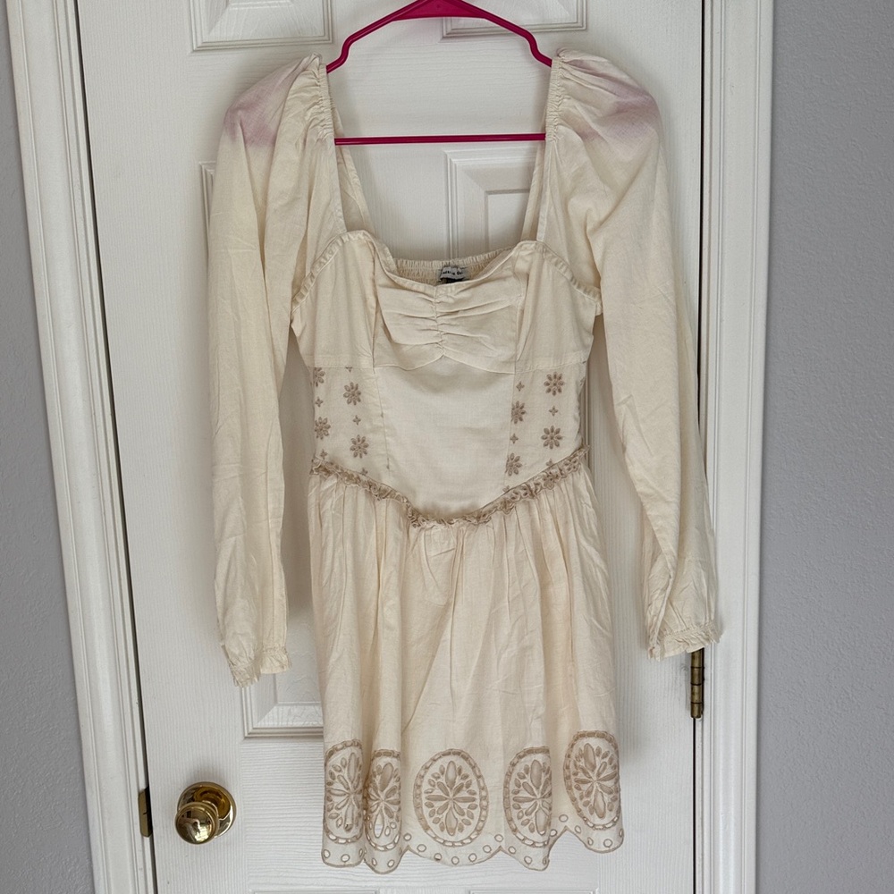 American Eagle Outfitters Cream Dress with Brown Embroidery